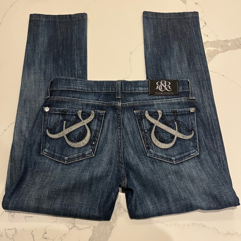 Rock & Republic Jeans Women's Size 27 Blue Boot Cut Low Rise Crystal Pockets!